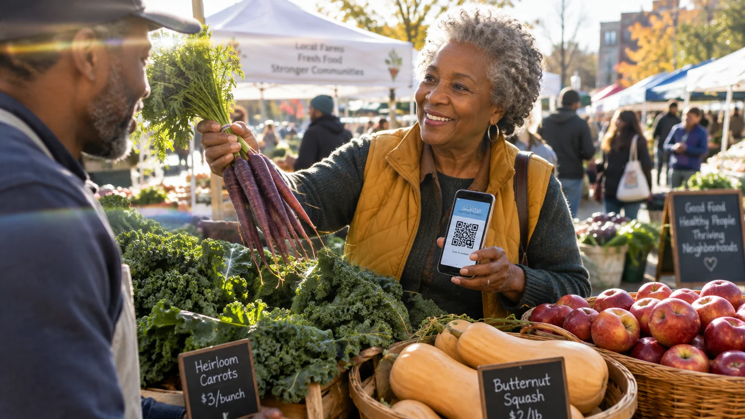 A senior woman at an outdoor market holds purple carrots and shows a phone screen to a vendor behind produce baskets.