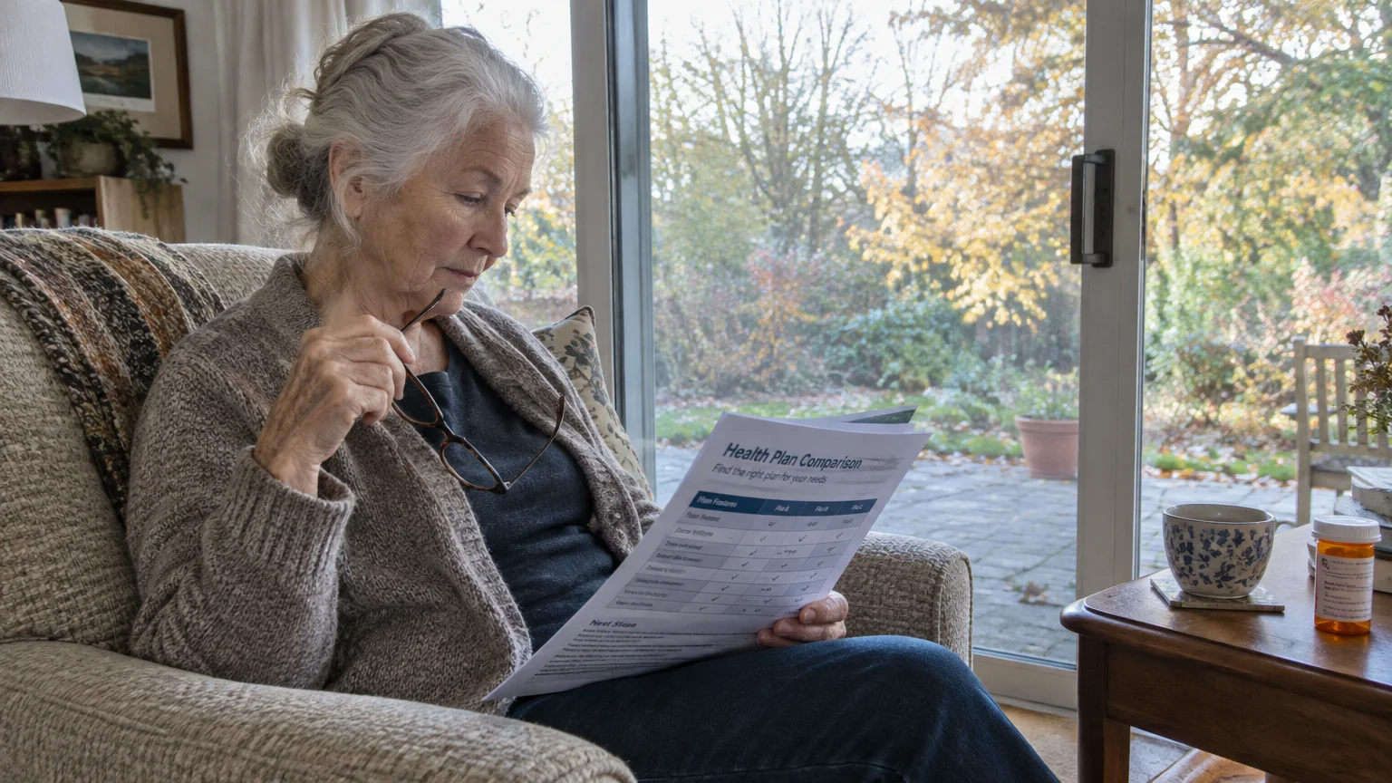 Older woman sitting in an armchair by a glass door, holding eyeglasses and reading a health plan comparison sheet.