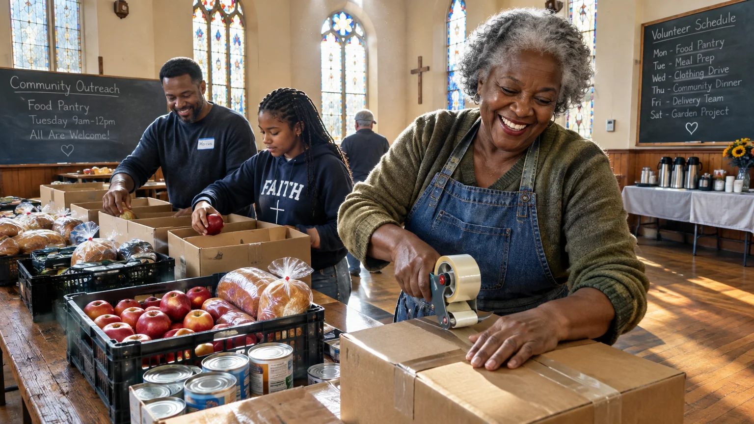 Volunteers pack food boxes inside a church hall as a smiling senior woman tapes a cardboard box.