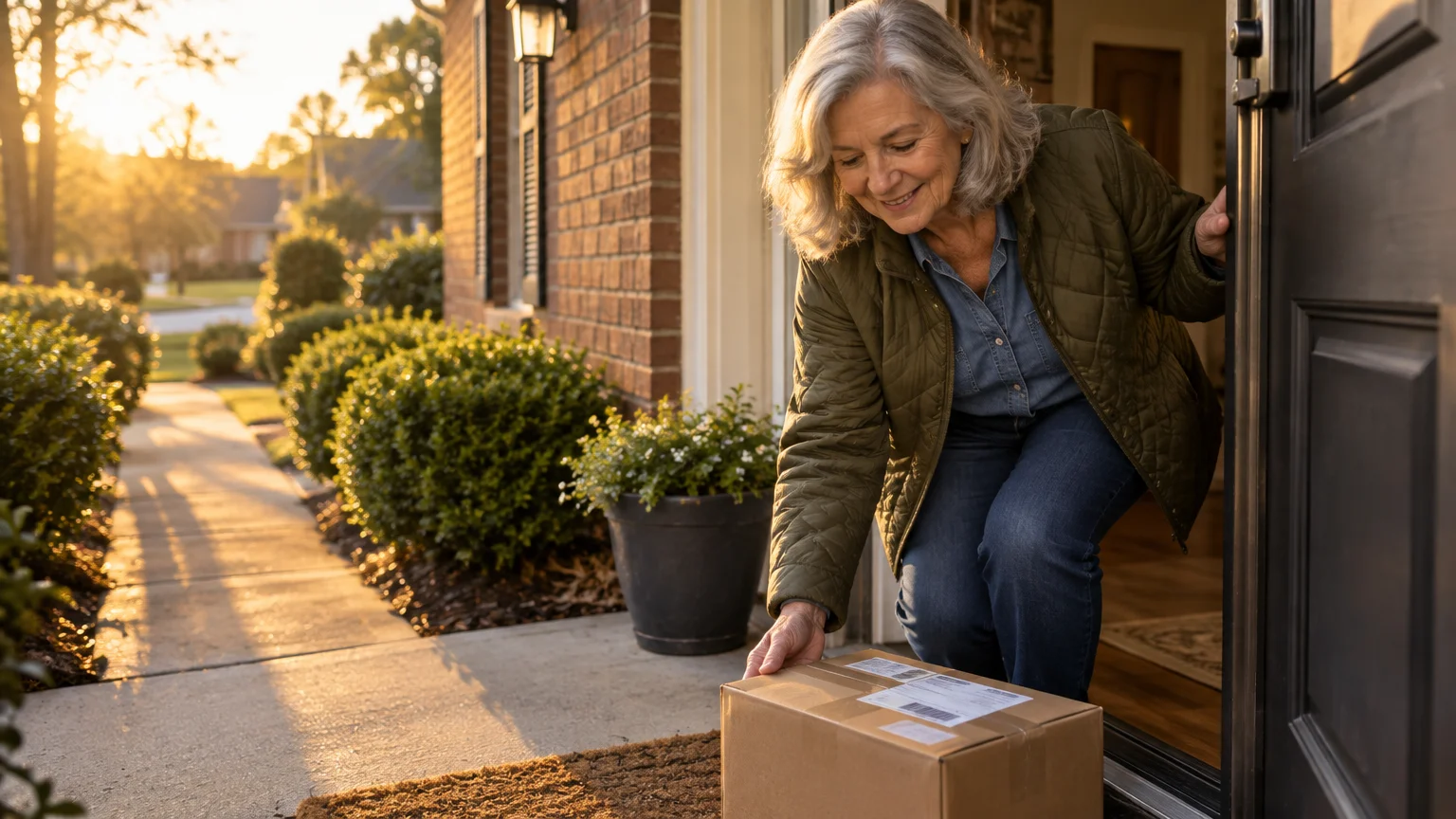 Smiling older woman stepping outside her front door to pick up a cardboard delivery box from the porch.