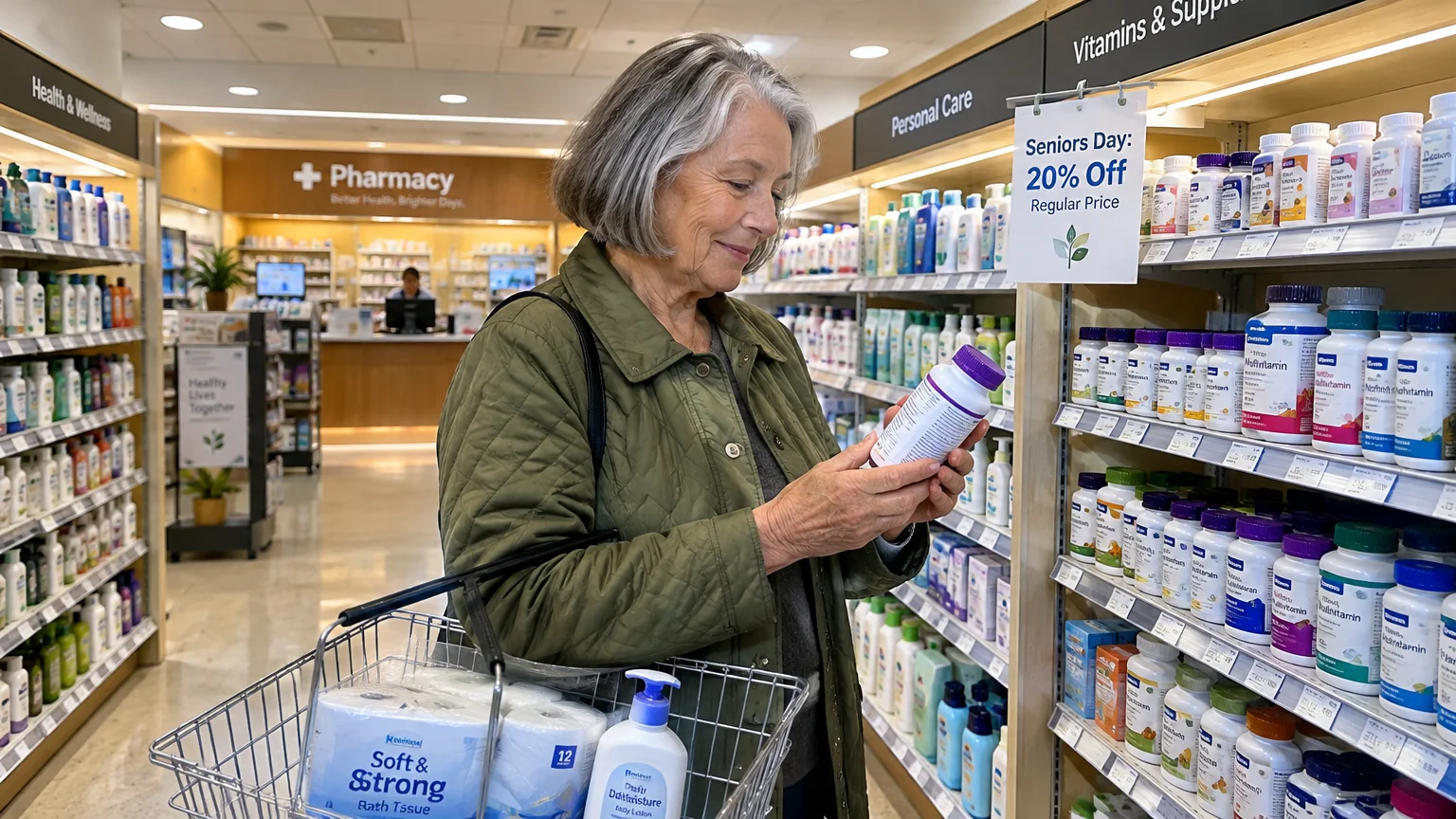 Older woman holding a basket examines a bottle by a Seniors Day discount sign in a pharmacy aisle.
