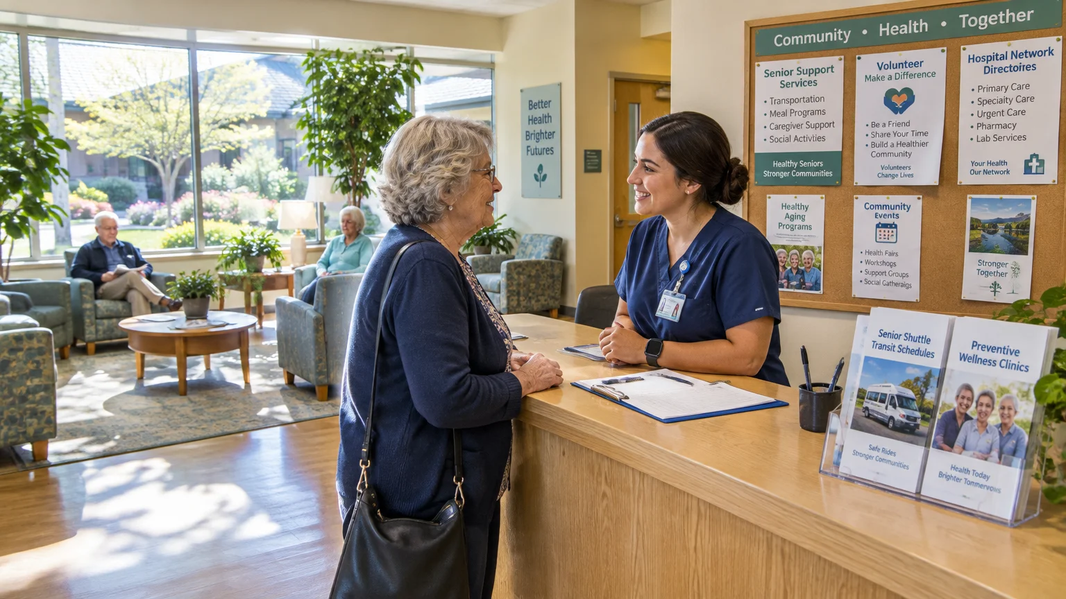A senior woman talks with a smiling receptionist in scrubs at a community health center front desk.