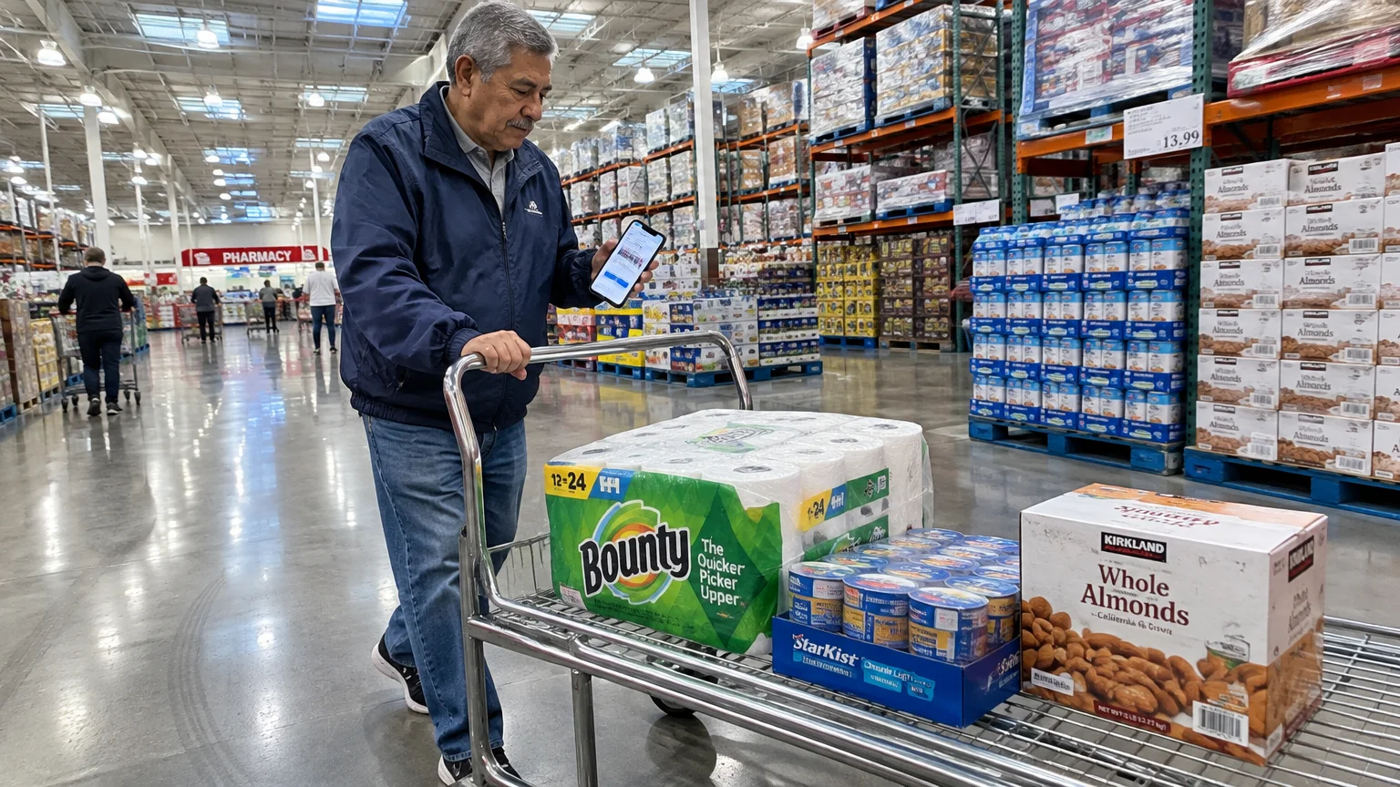 A man pushes a metal flatbed cart loaded with paper towels and bulk groceries through a warehouse store aisle.