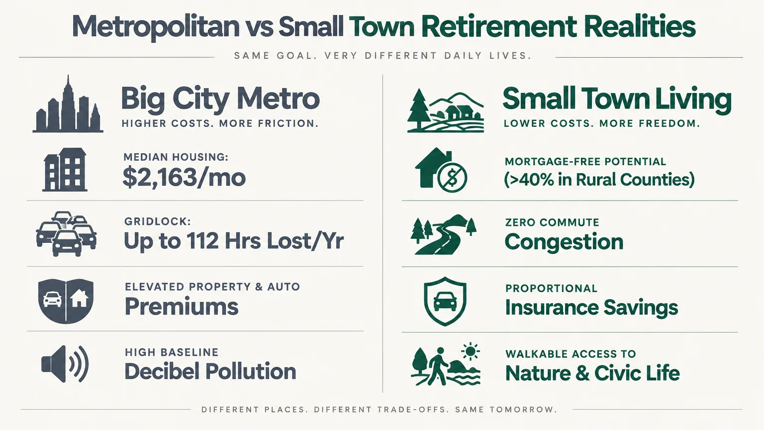 Infographic comparing Big City Metro and Small Town Living across housing costs, traffic congestion, insurance, and noise.