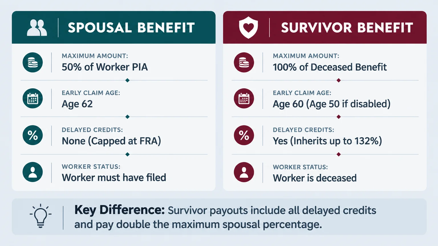 Comparison graphic contrasting rules and maximum amounts for Social Security spousal benefits versus survivor benefits.