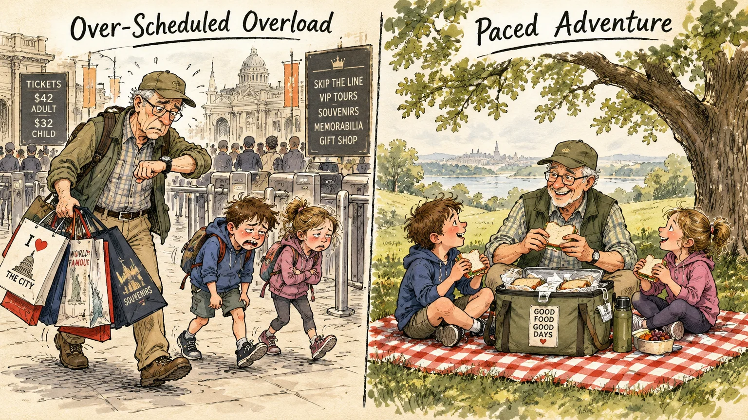 Side-by-side illustration of an exhausted grandfather with crying kids in a crowd versus happily picnicking under a tree.