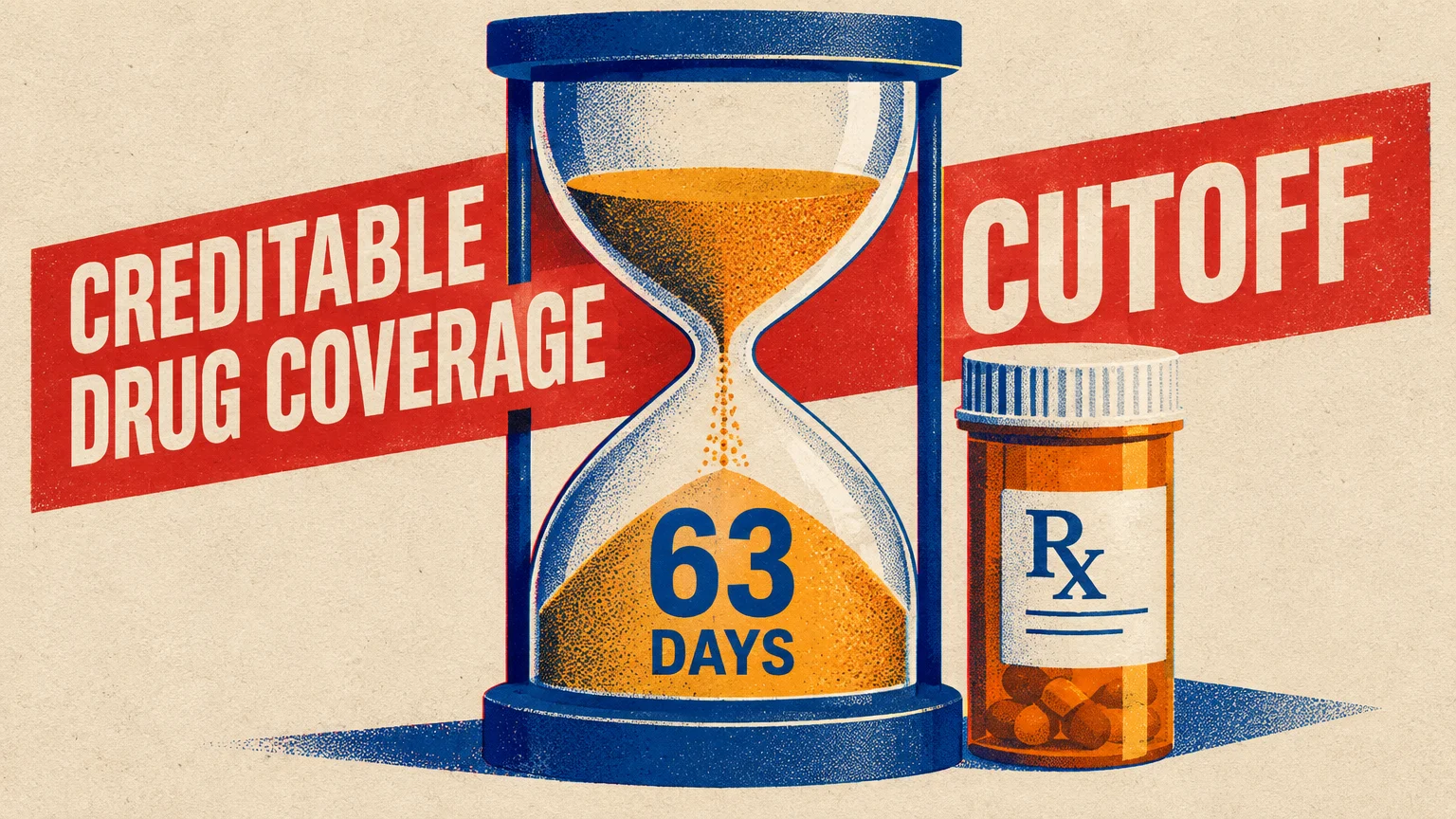 Retro illustration of an hourglass showing 63 days next to a prescription pill bottle and a red creditable drug cutoff banner.