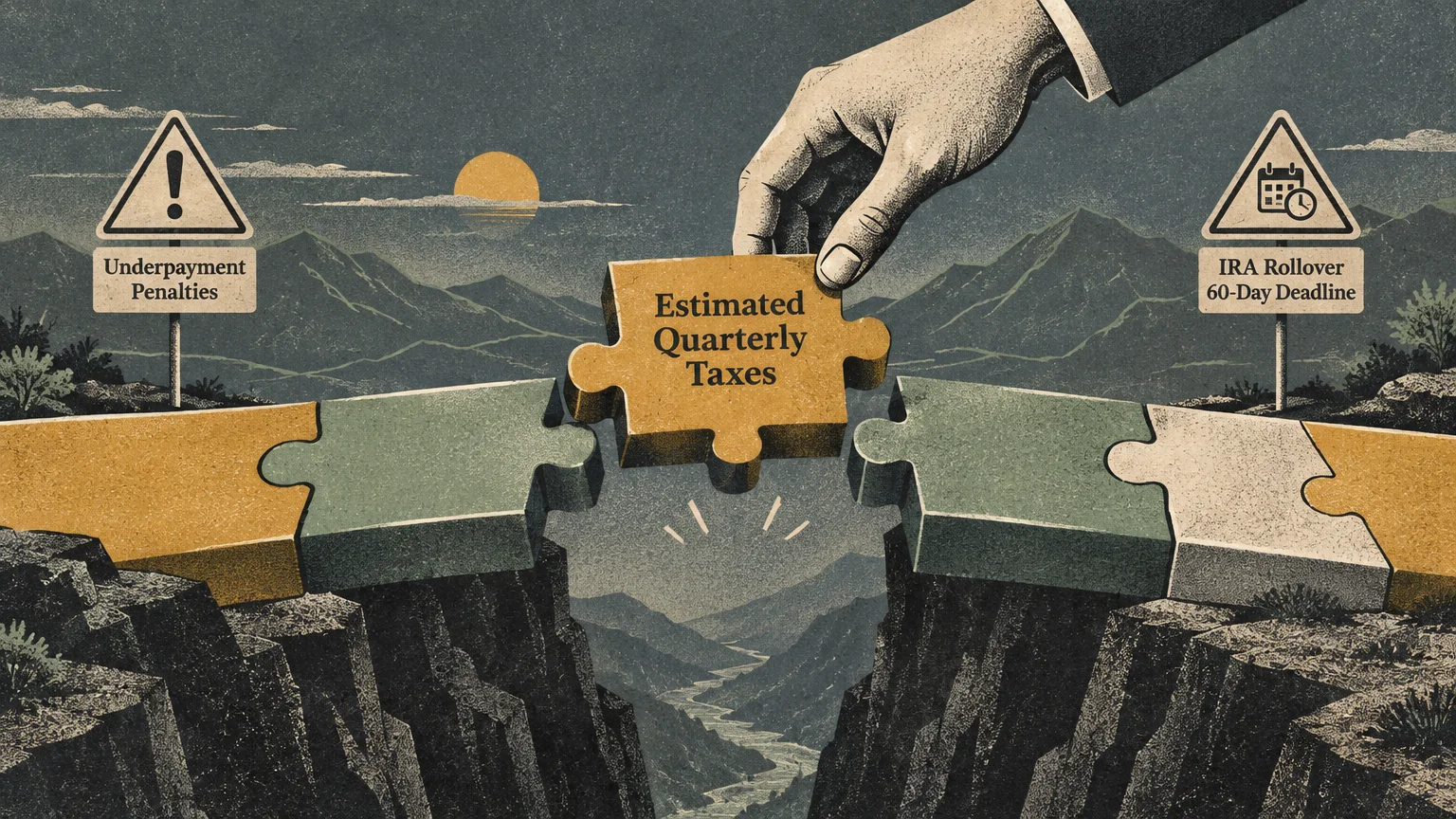 Hand placing a puzzle piece labeled Estimated Quarterly Taxes to bridge a canyon between two warning signs.
