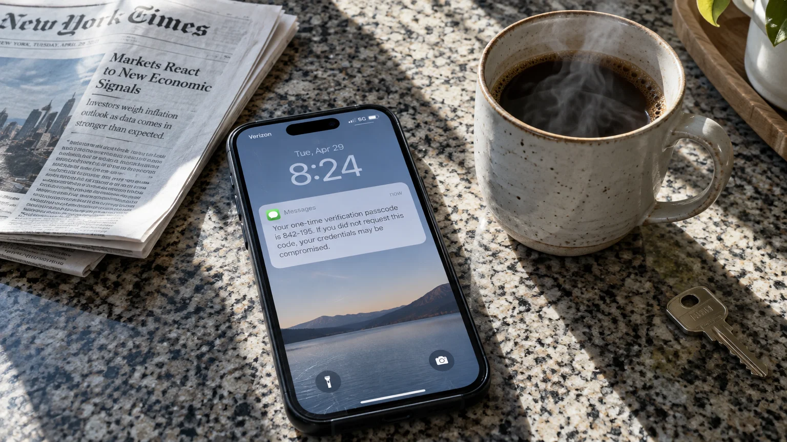 Smartphone on a granite counter displaying a verification passcode notification next to a steaming mug of coffee.