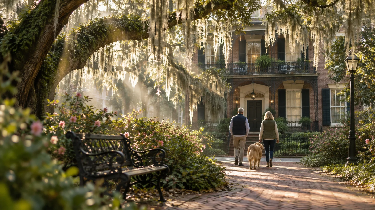 Couple walks a dog along a brick pathway toward a historic brick house beneath moss-draped live oak trees.