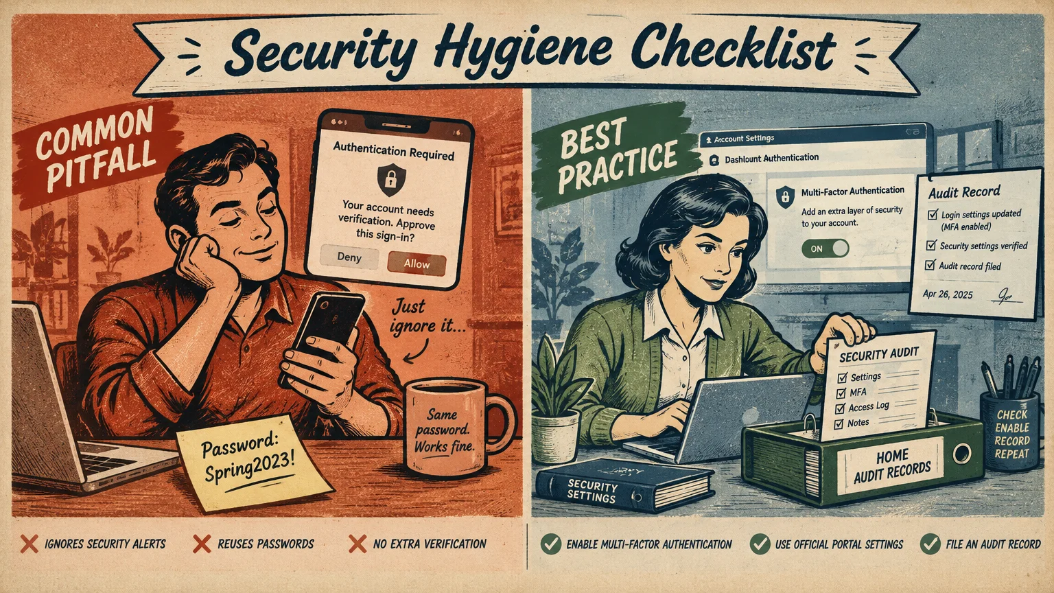 Split illustration comparing poor cybersecurity habits like ignoring alerts against best practices like enabling MFA.