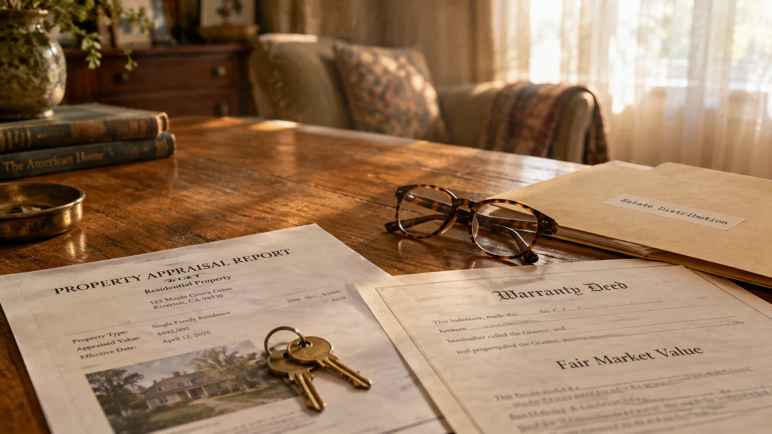 A wooden desk with a property appraisal report, house keys, tortoiseshell glasses, warranty deed, and estate folder.