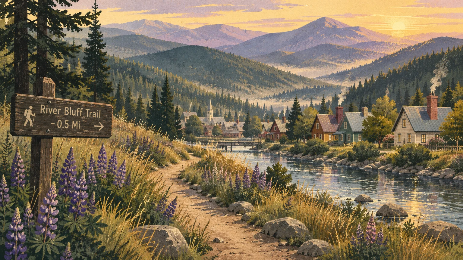 Illustration of a dirt trail beside a river, wildflowers, a trail sign, and small houses against mountain hills.