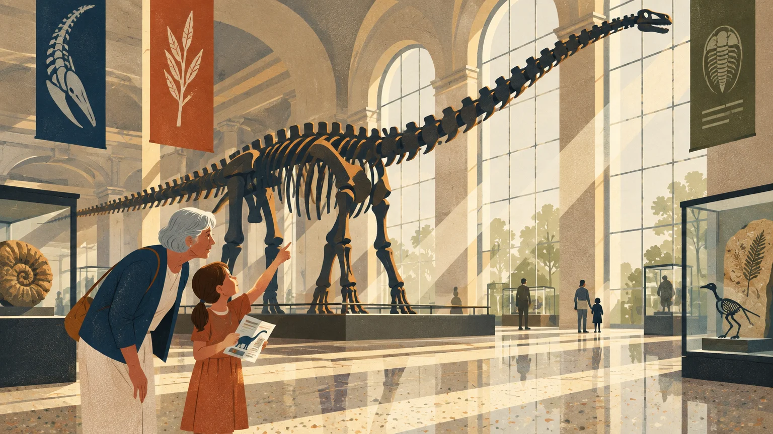 An older woman and a young girl looking up at a massive dinosaur skeleton inside a sunlit natural history museum.