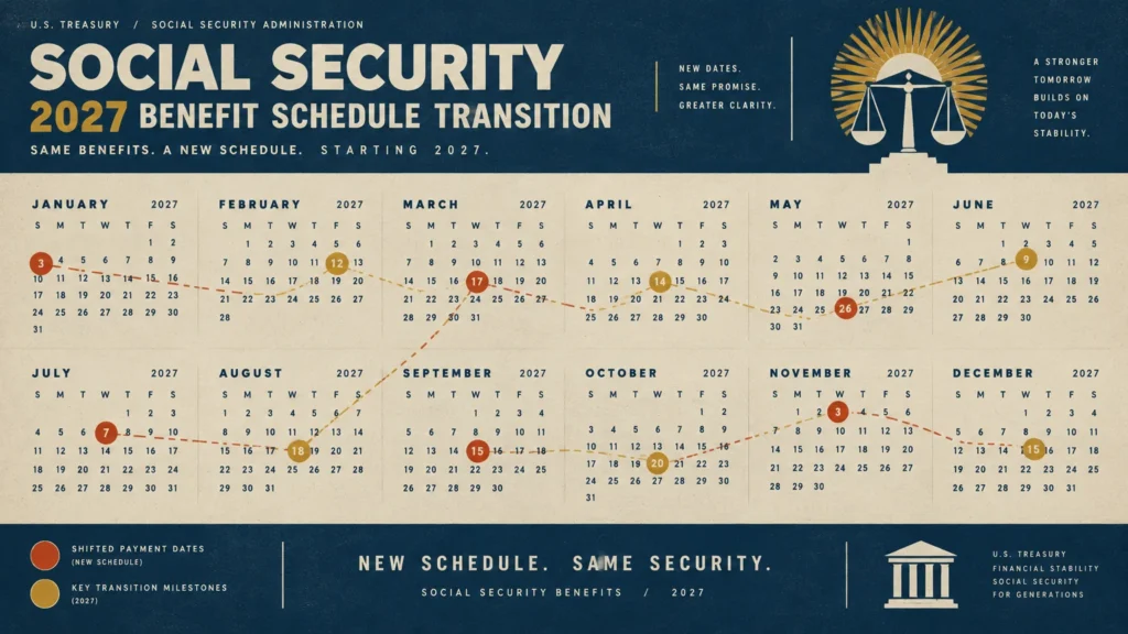 2027 calendar graphic highlighting shifted payment dates and key transition milestones for Social Security benefits.