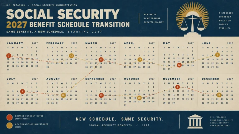 2027 calendar graphic highlighting shifted payment dates and key transition milestones for Social Security benefits.