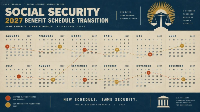 2027 calendar graphic highlighting shifted payment dates and key transition milestones for Social Security benefits.