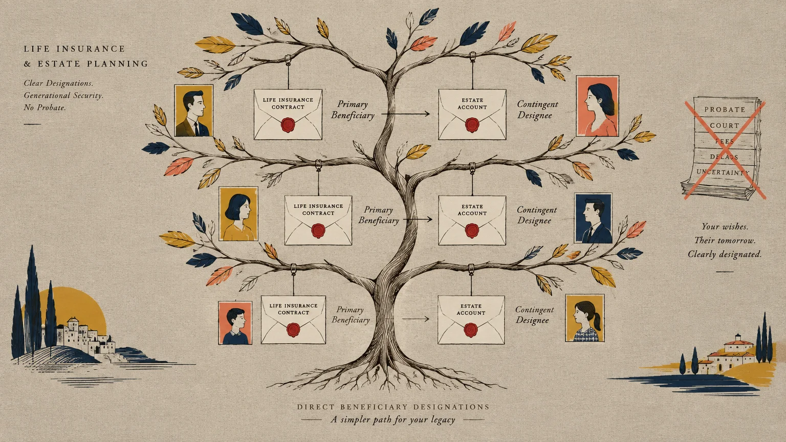 Illustration of a family tree with envelopes and portraits showing primary beneficiaries, contingent designees, and no probate.