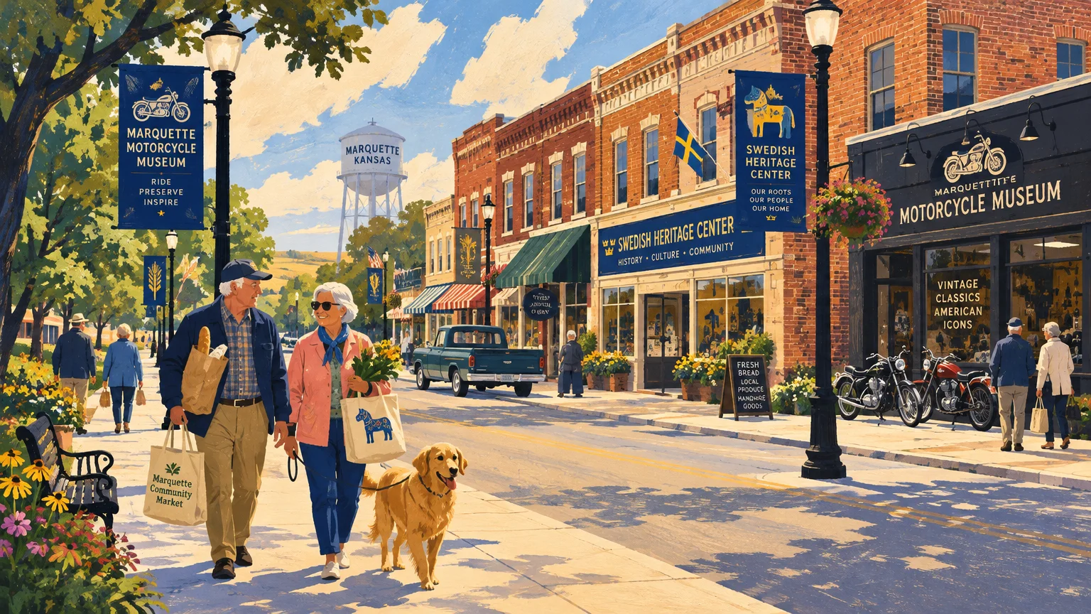 Illustration of an older couple walking a dog down a sunny downtown street lined with brick shops and banners.