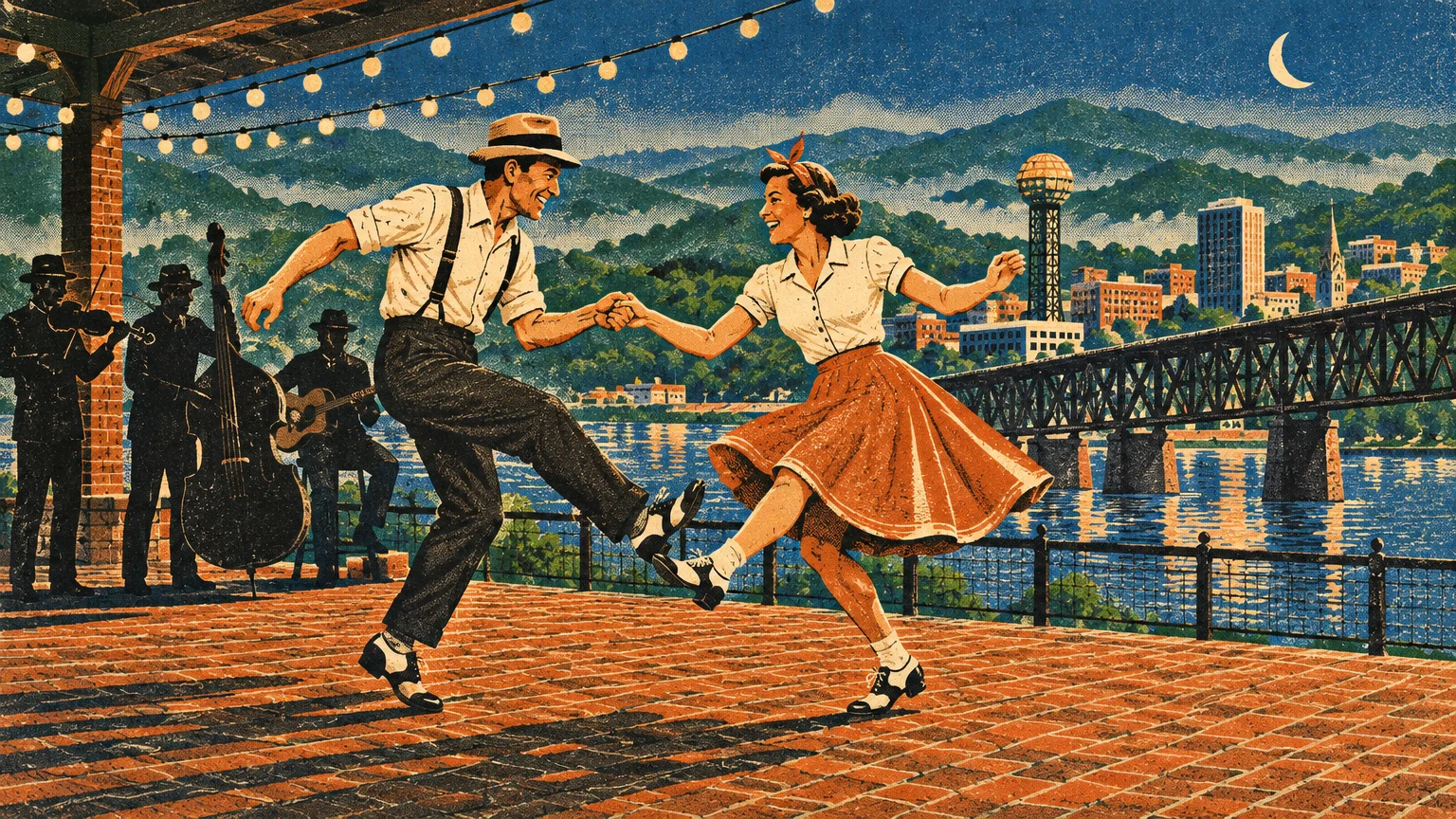 Vintage illustration of a couple swing dancing on an outdoor patio overlooking a river, bridge, and Knoxville skyline.