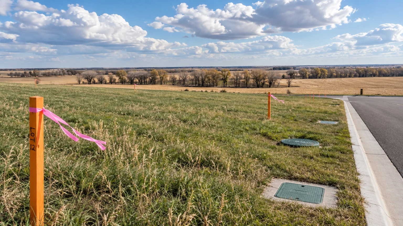 Survey stakes with pink ribbons mark grassy residential building lots beside a paved street bordering open rural fields.