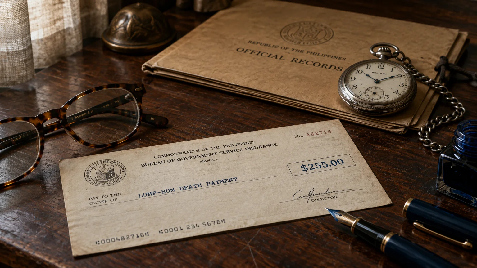 Vintage paper check for $255 labeled lump-sum death payment on a wooden desk with glasses, a pocket watch, and a pen.