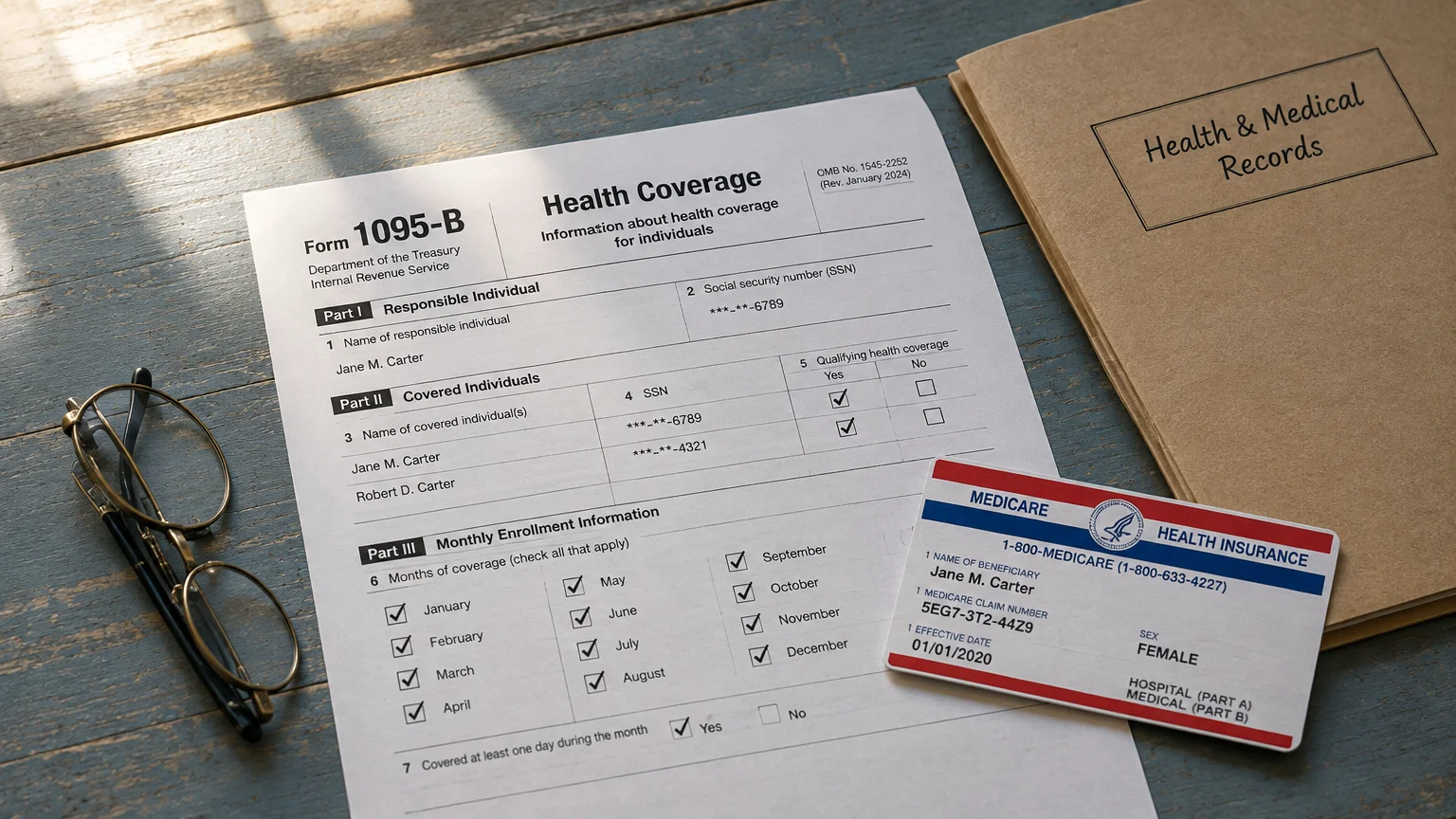 Form 1095-B beside a Medicare card, eyeglasses, and a Health and Medical Records folder on a wooden desk.