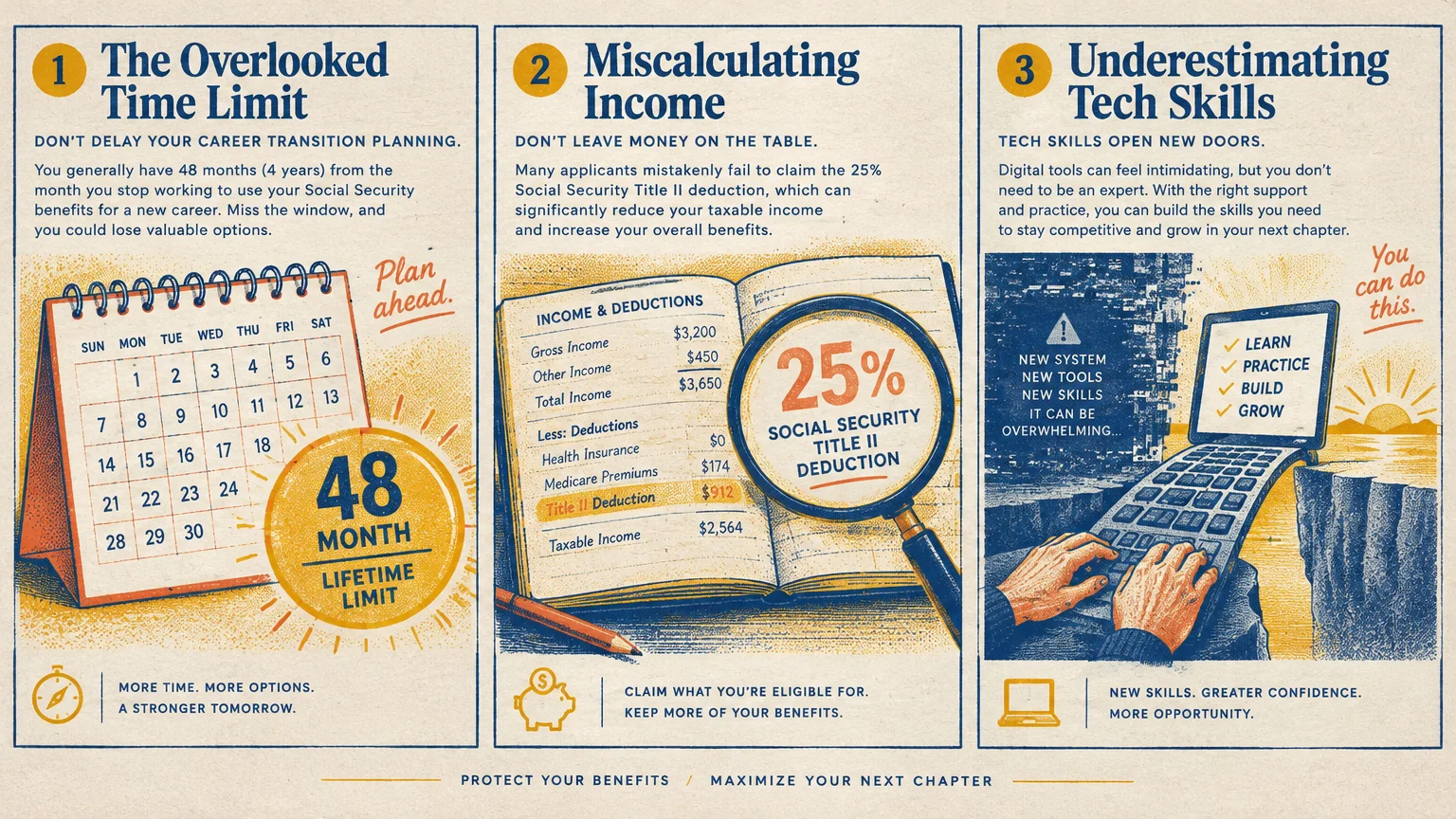 Three-panel infographic showing a calendar with a 48-month limit, an income ledger, and hands typing on a laptop bridge.