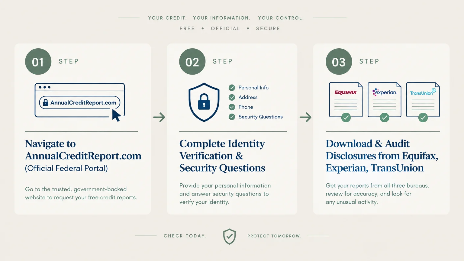Three-step diagram showing how to navigate to AnnualCreditReport.com, verify identity, and download credit bureau reports.