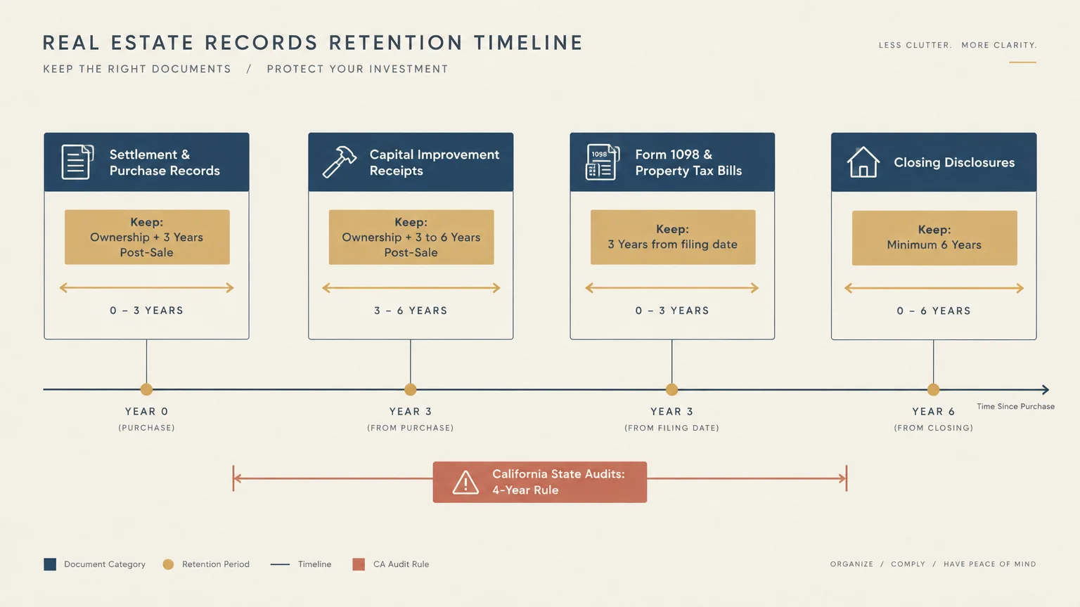 Real estate records retention timeline showing document categories, recommended retention periods, and a California audit rule.