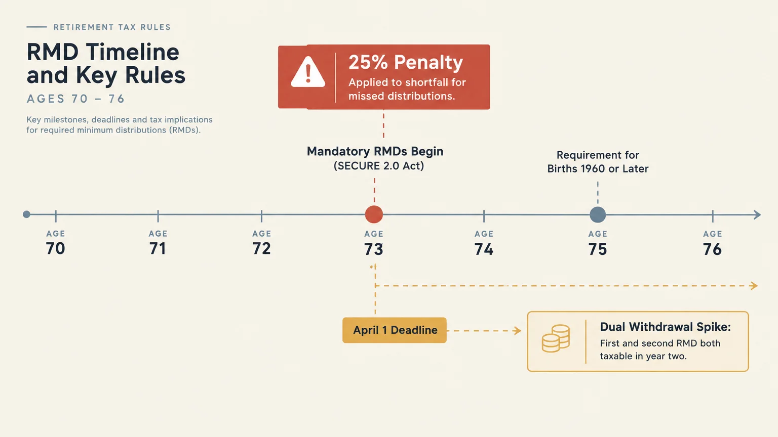 Timeline from age 70 to 76 detailing RMD rules, a 25% penalty, and milestones at age 73 and 75.
