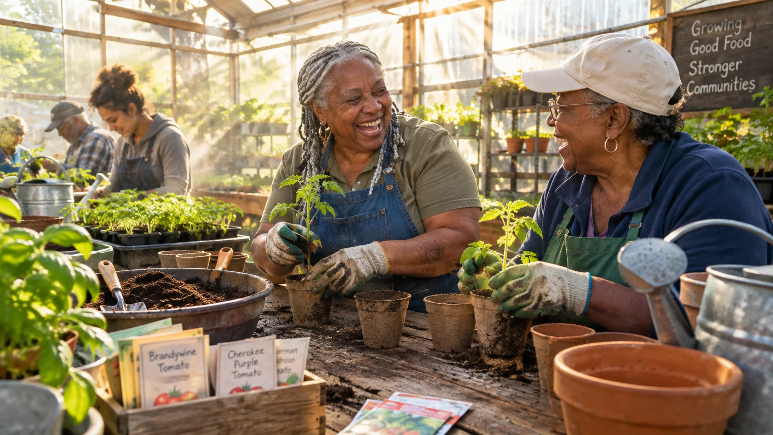 Two senior women laugh together while potting tomato seedlings inside a sunlit greenhouse.