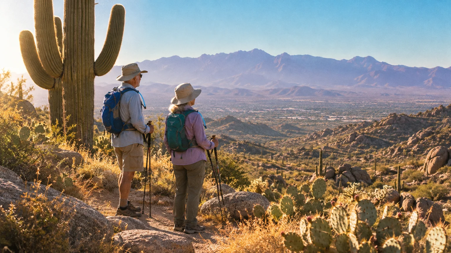 Two hikers with backpacks stand on a desert trail beside a saguaro cactus overlooking a valley and distant mountains.