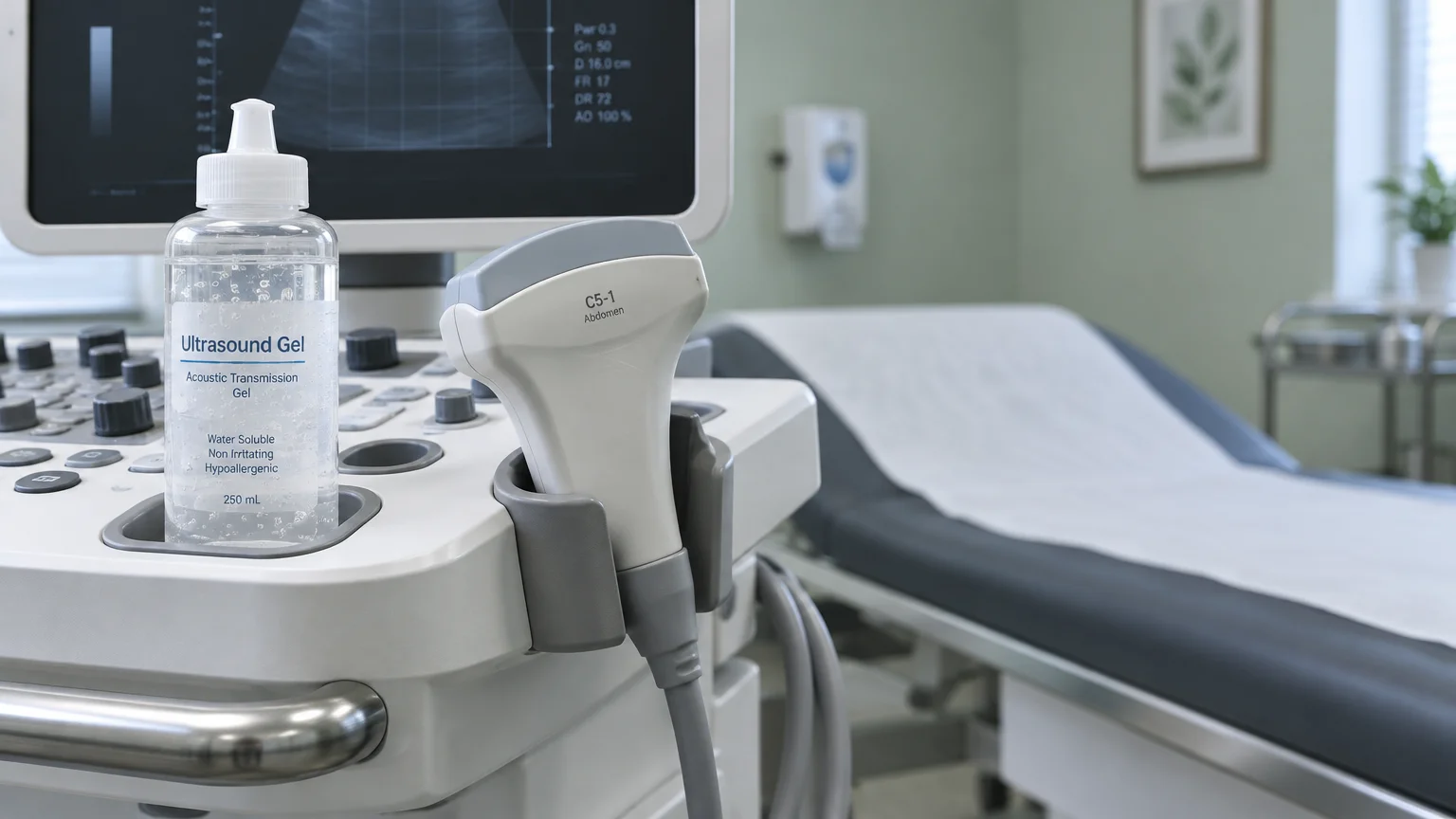 Ultrasound machine with an abdominal probe and gel bottle resting beside an examination table in a medical room.