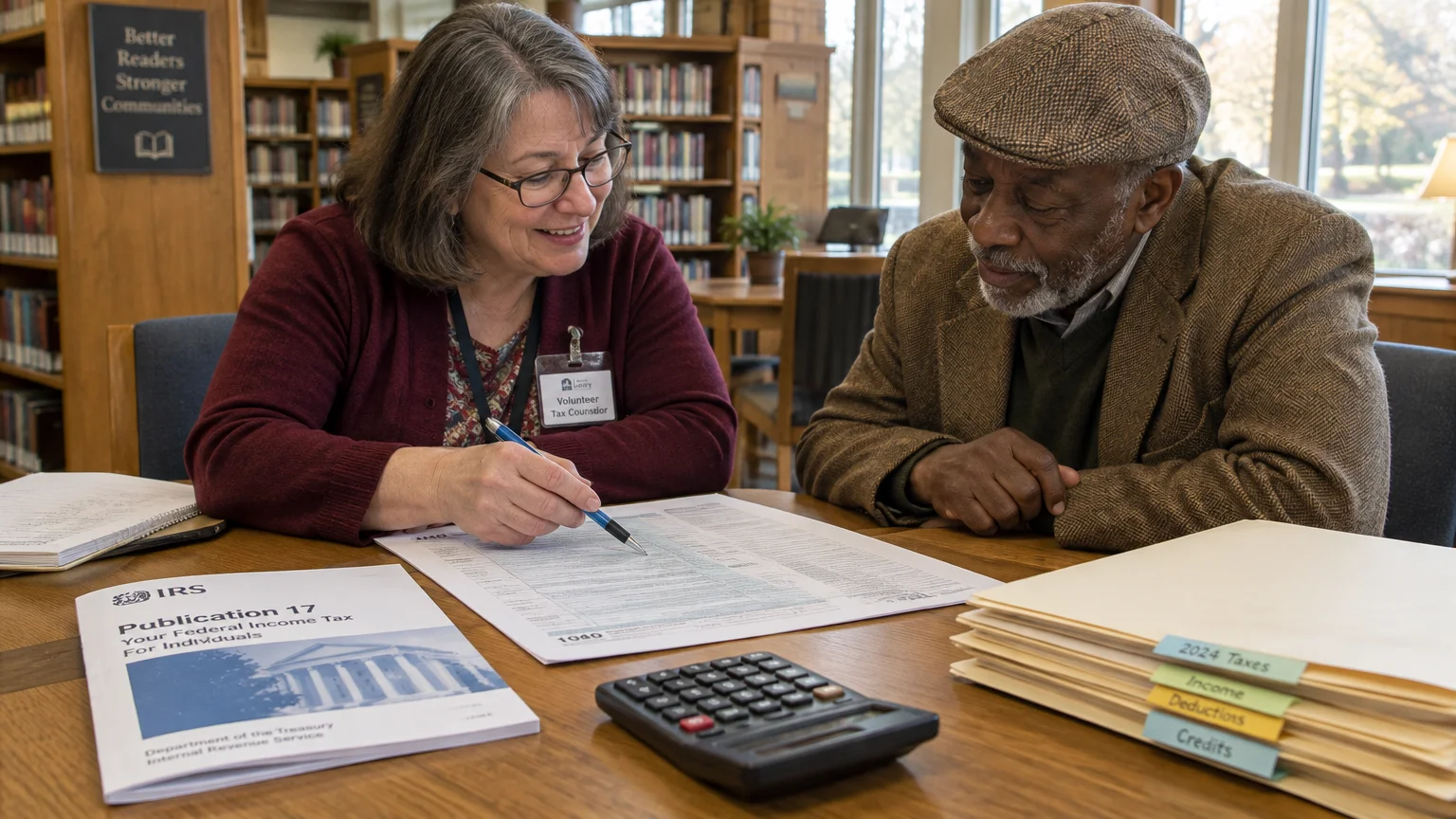 A volunteer tax counselor helps an older man review tax forms at a library table with documents and a calculator.