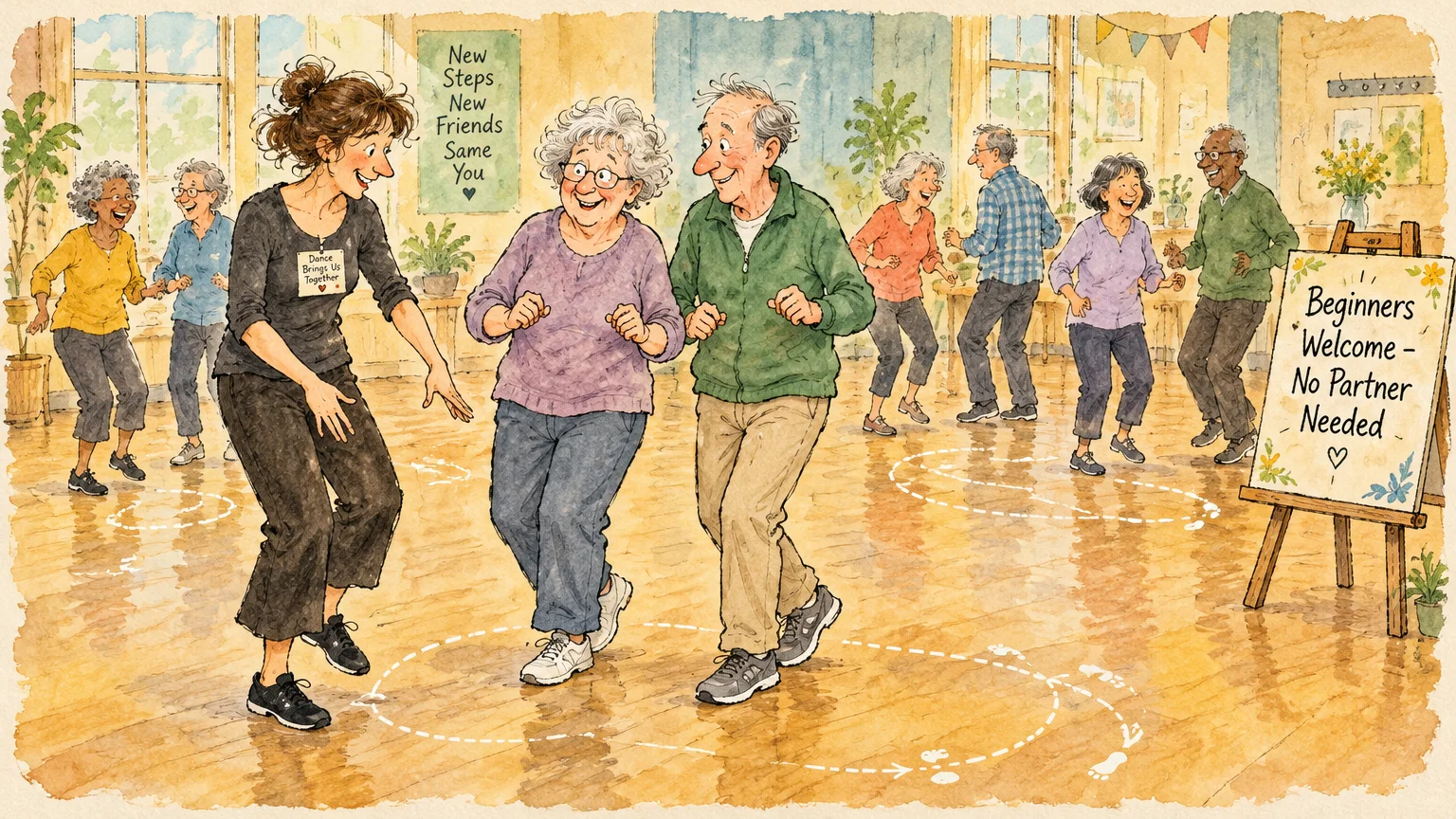 Watercolor illustration of smiling seniors practicing dance steps guided by an instructor in a sunlit studio.