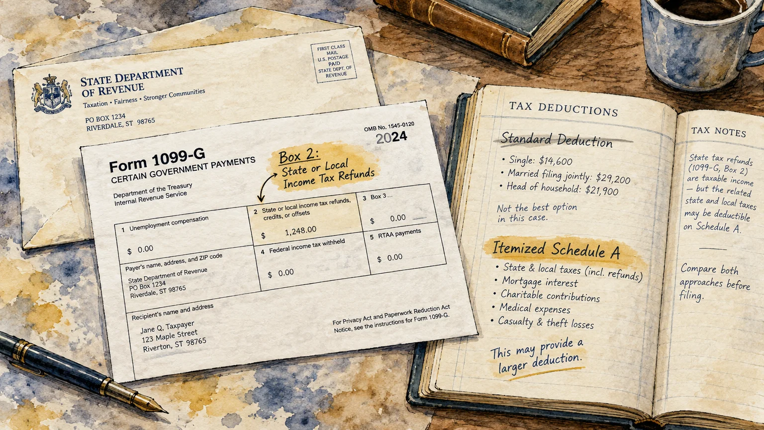 Illustration of Form 1099-G on an envelope beside an open notebook comparing standard deduction and Schedule A.