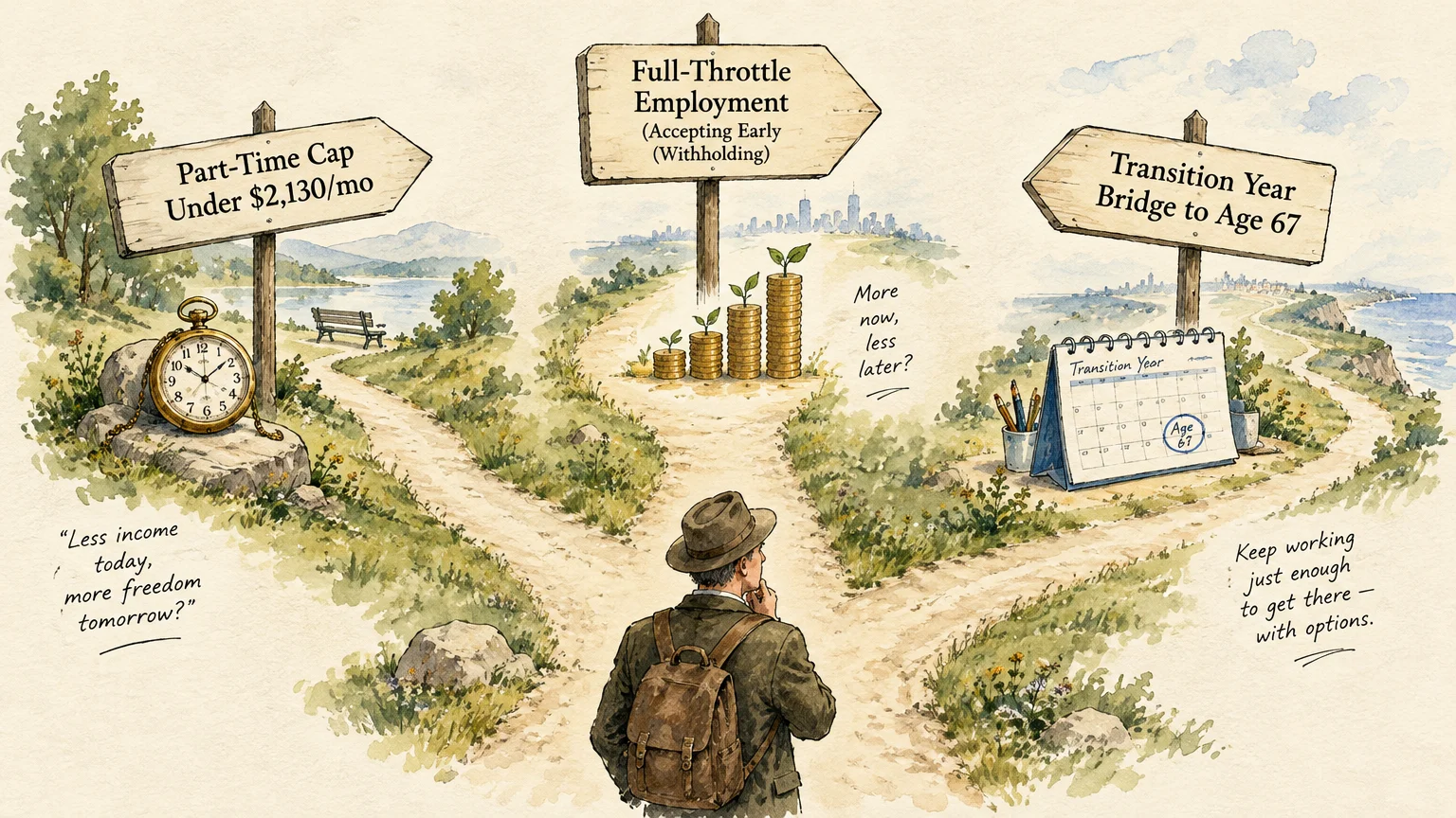 Illustration of a traveler at a three-way crossroad with signs pointing toward different retirement and work pathways.