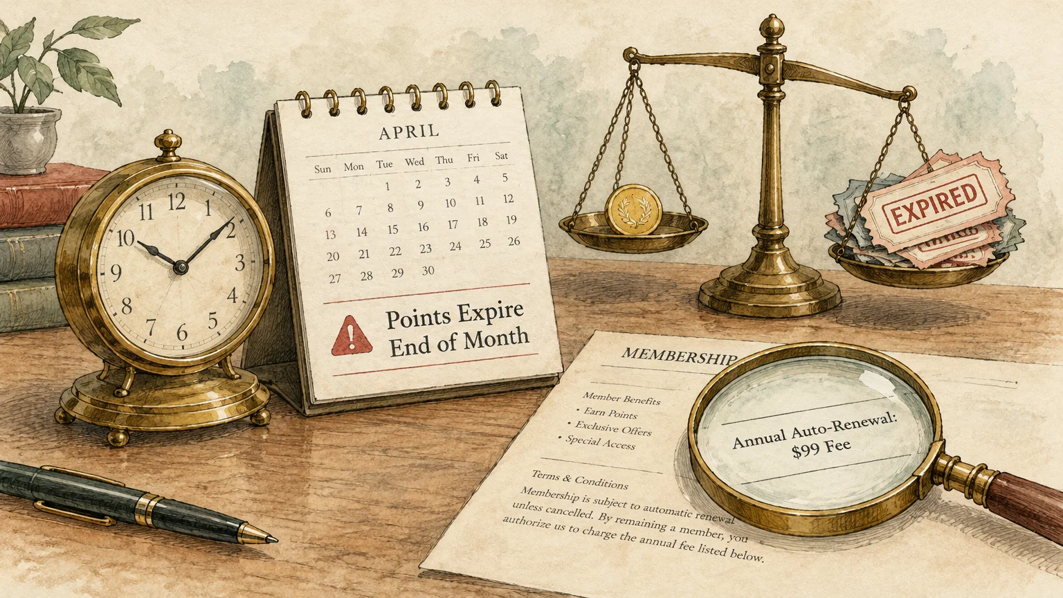 Illustration of a calendar reading points expire end of month, a clock, brass scale, and magnifying glass over membership fees.