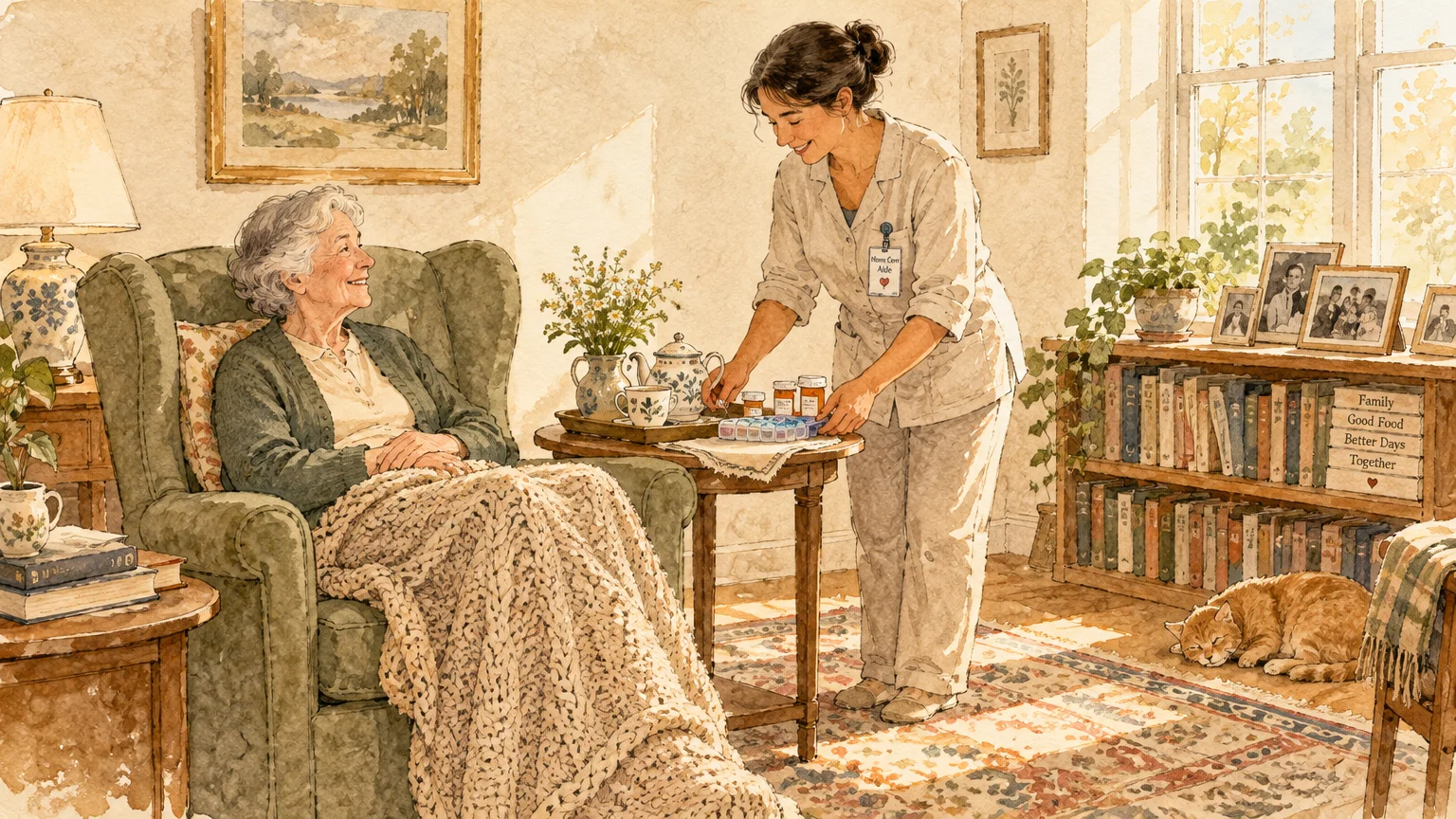 Watercolor illustration of a caregiver setting medication on a table beside an elderly woman sitting in an armchair.