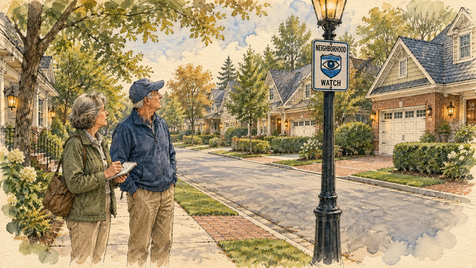 Watercolor illustration of a senior couple standing beside a neighborhood watch signpost on a suburban residential street.