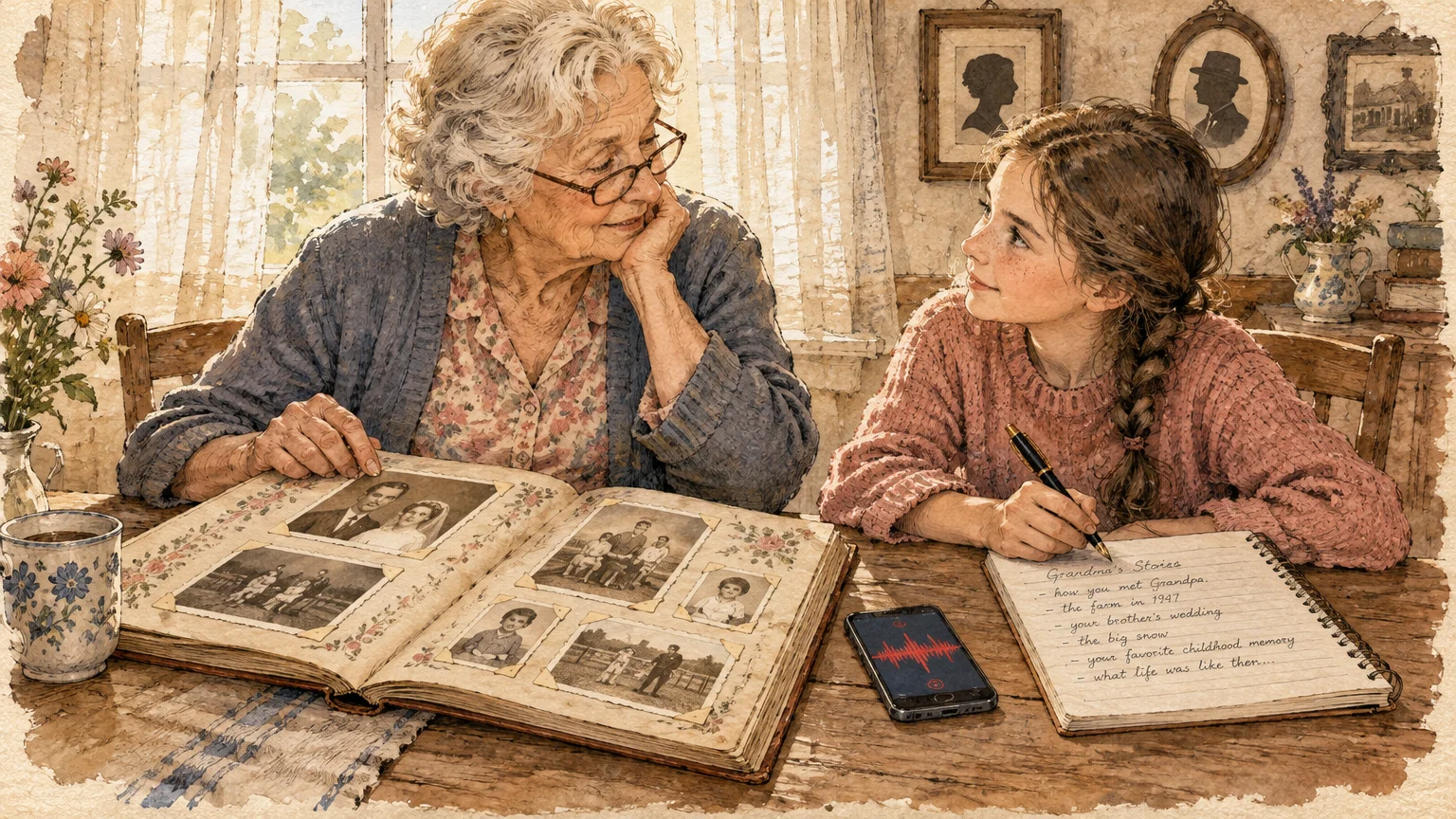 Illustration of a grandmother and granddaughter looking at a vintage photo album beside a smartphone recording audio.