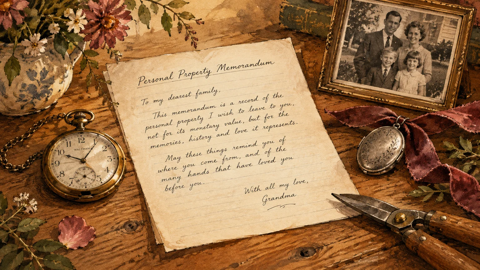 Personal property memorandum note on a wood desk with a pocket watch, framed family photo, locket, and shears.