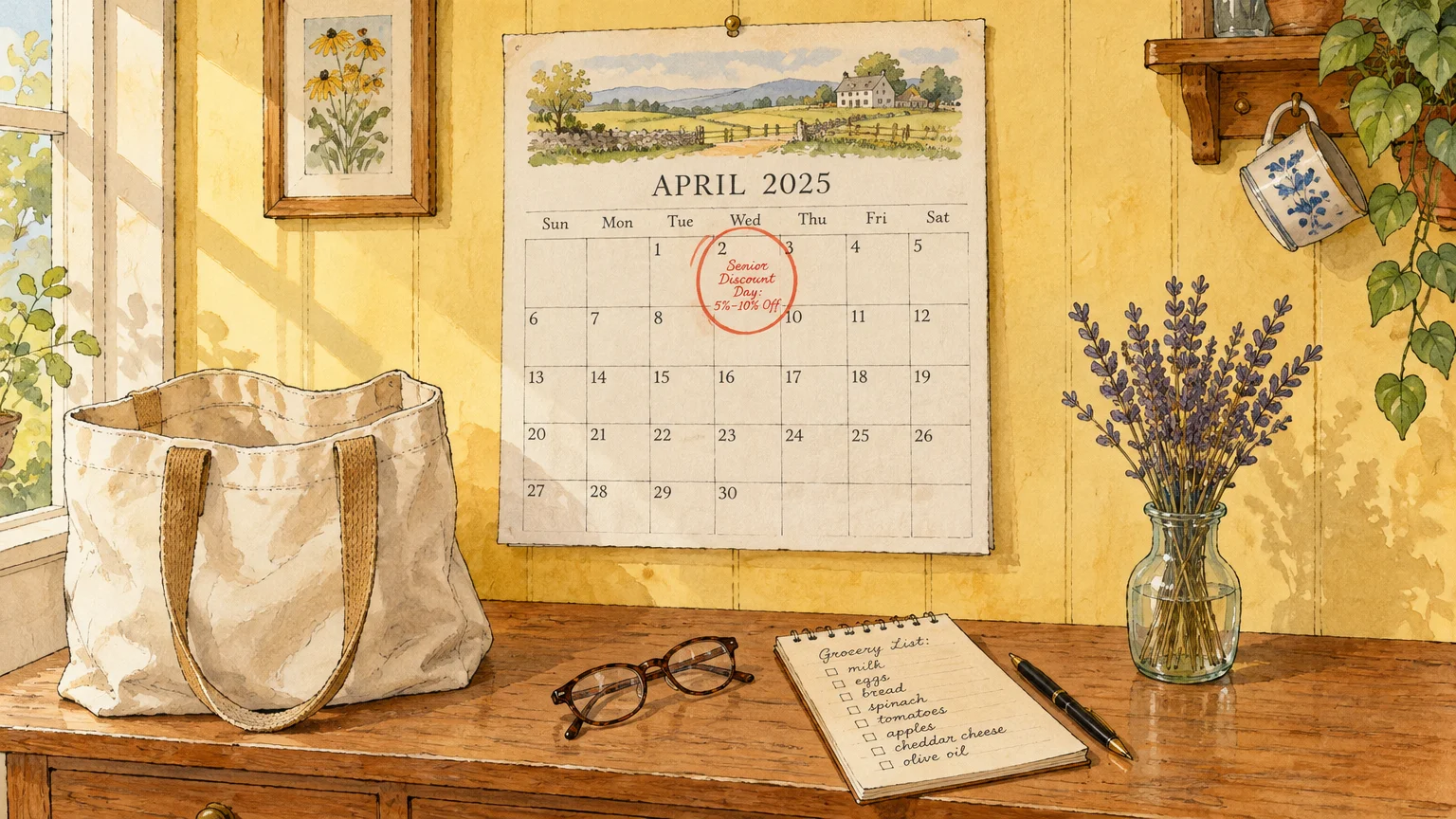 Illustration of a wall calendar circled on a date next to a grocery list, tote bag, glasses, and flowers on a desk.