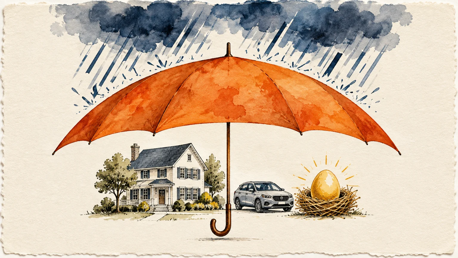 Watercolor illustration of a large orange umbrella shielding a house, car, and golden egg in a nest from rain.