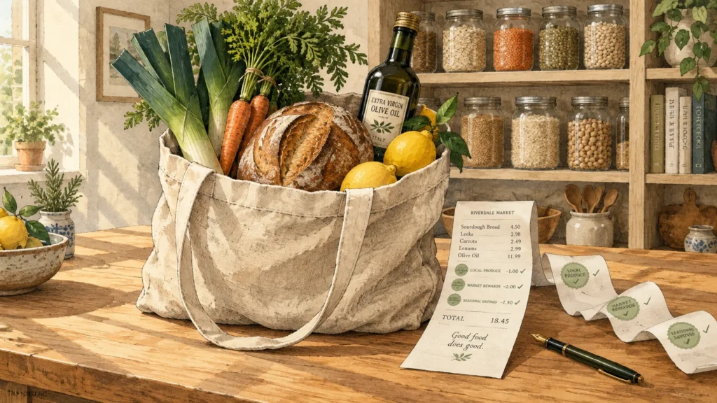 A tote bag filled with fresh groceries sitting on a wooden counter next to a long itemized receipt and a fountain pen.