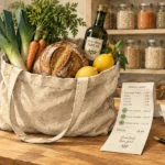 A tote bag filled with fresh groceries sitting on a wooden counter next to a long itemized receipt and a fountain pen.