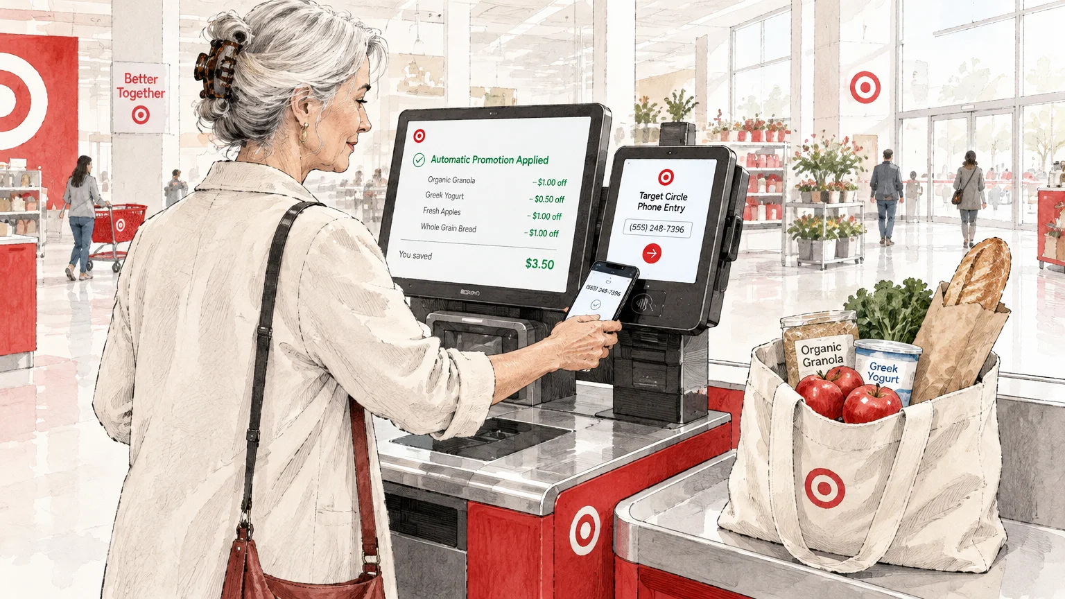 Illustration of a woman using a self-checkout screen and keypad at Target with a bag of groceries.