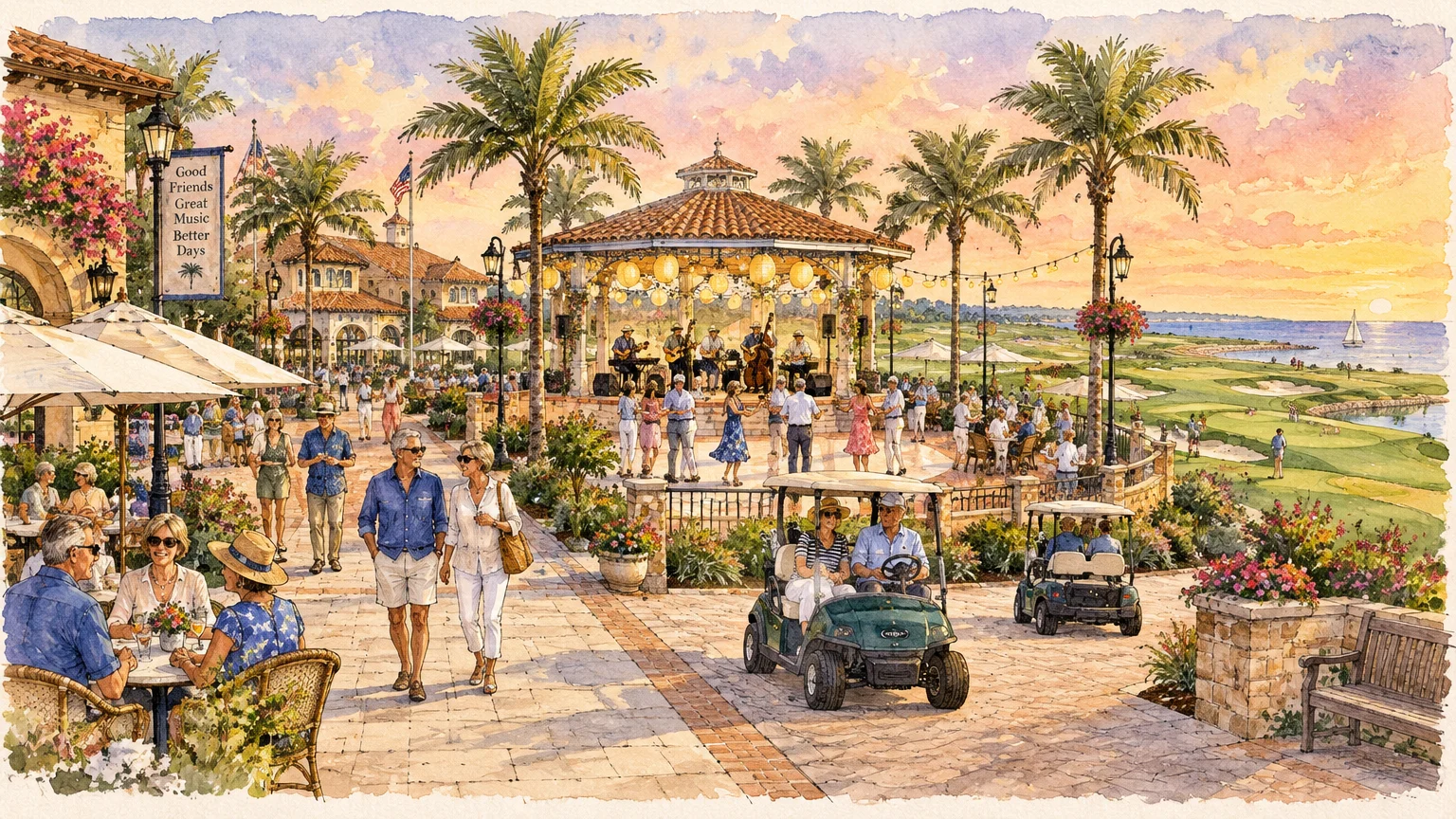 Watercolor illustration of a seaside retirement community plaza with seniors dancing, driving golf carts, and dining outside.