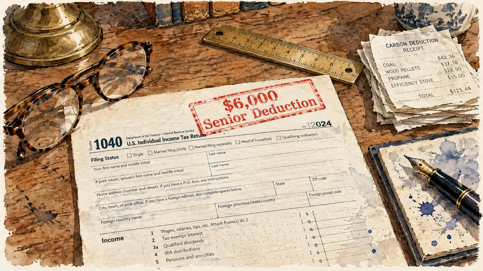 Illustration of a 1040 tax form stamped with "$6,000 Senior Deduction" on a desk beside eyeglasses, a pen, and receipts.